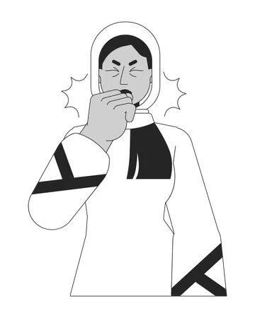 Muslim Hijab Woman Asthma Attack Black And White 2 D Line Cartoon Character Chronic Dry Coughing Female Middle Eastern Isolated Vector Outline Person Wheezing Monochromatic Flat Spot Illustration Illustration
