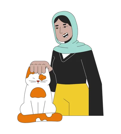 Muslim Hijab Woman Petting Cat Head 2 D Linear Cartoon Character Animal Volunteer Lady With Kitten Isolated Line Vector Person White Background Female Veterinarian Color Flat Spot Illustration Illustration