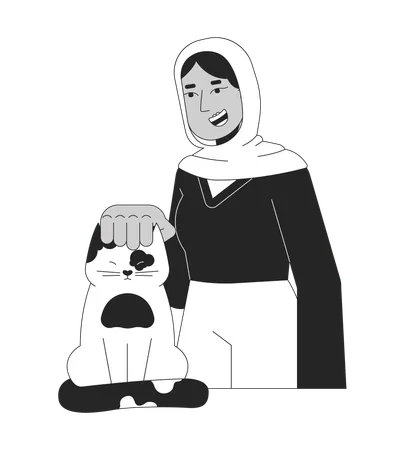 Muslim Hijab Woman Petting Cat Head Black And White 2 D Line Cartoon Character Volunteer Lady With Kitten Isolated Vector Outline Person Female Veterinarian Monochromatic Flat Spot Illustration Illustration