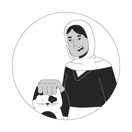 Muslim Hijab Woman Petting Cat Head Black And White 2 D Vector Avatar Illustration Volunteer Lady With Kitten Outline Cartoon Character Face Isolated Female Veterinarian Flat User Profile Image Illustration