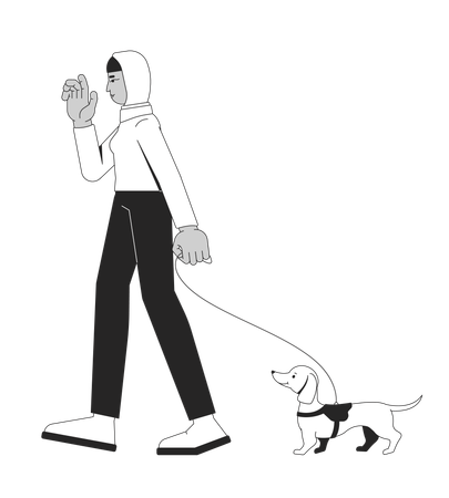 Muslim hijab woman walking dachshund dog on leash  Illustration