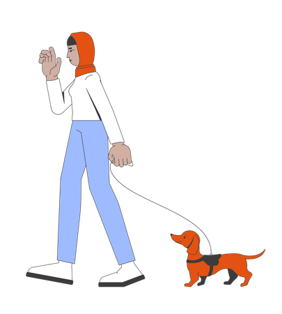 Muslim hijab woman walking dachshund dog on leash  Illustration