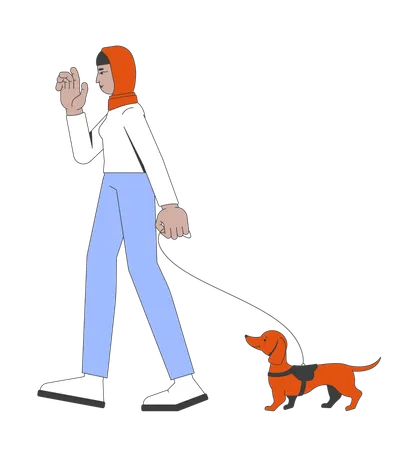 Muslim hijab woman walking dachshund dog on leash  Illustration