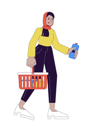 Muslim Hijab Woman With Shopping Basket 2 D Linear Cartoon Character Groceries Buying Female Arab Isolated Line Vector Person White Background Holding Water Bottle Color Flat Spot Illustration 일러스트레이션