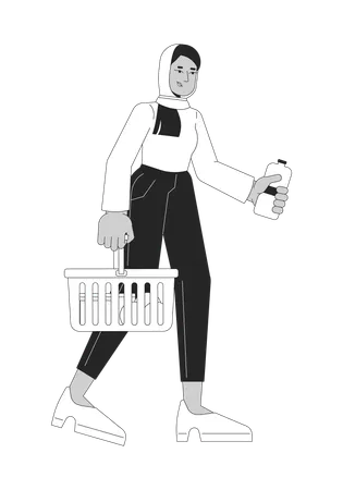 Muslim Hijab Woman With Shopping Basket Black And White 2 D Line Cartoon Character Groceries Buying Female Isolated Vector Outline Person Holding Water Bottle Monochromatic Flat Spot Illustration Illustration