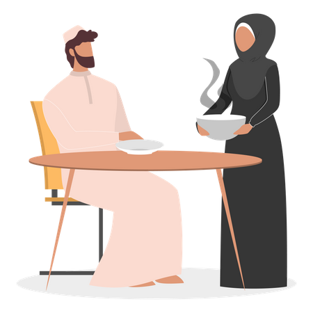 Muslim house wife serving hot food to husband  Illustration