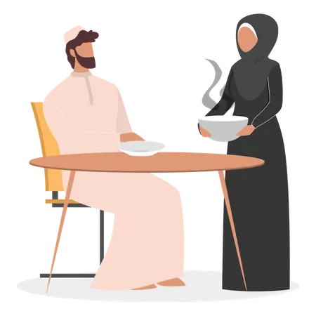 Muslim house wife serving hot food to husband  Illustration