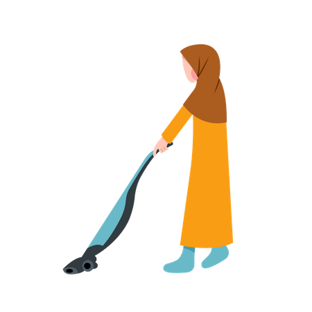 Muslim Housewife Cleaning With Vacuum Illustration
