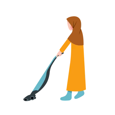 Muslim Housewife Cleaning With Vacuum  Illustration