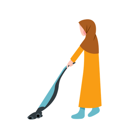 Muslim Housewife Cleaning With Vacuum  Illustration