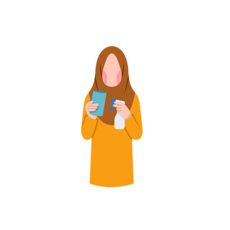 Muslim Housewife Holding Cleaning Equipment Illustration