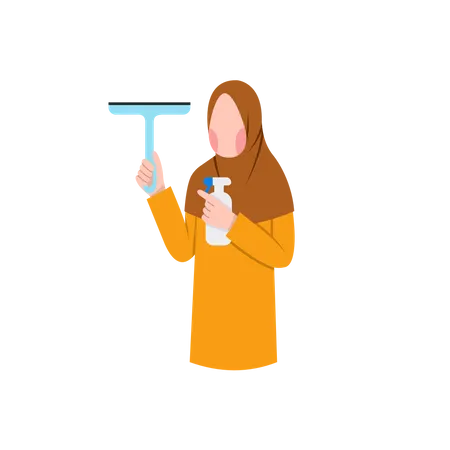 Muslim Housewife Holding Cleaning Equipment  Illustration