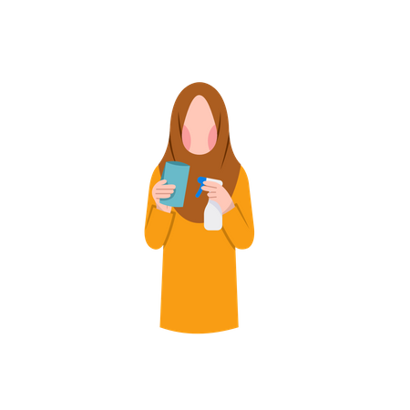 Muslim Housewife Holding Cleaning Equipment  Illustration