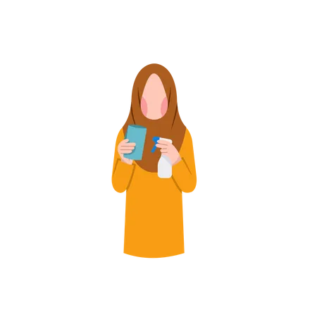 Muslim Housewife Holding Cleaning Equipment  Illustration