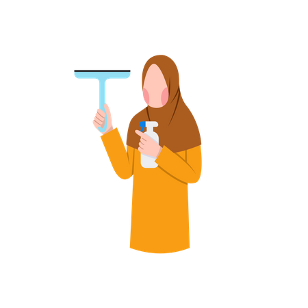 Muslim Housewife Holding Cleaning Equipment  Illustration