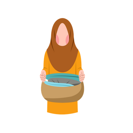 Muslim Housewife Holding Laundry Basket  Illustration