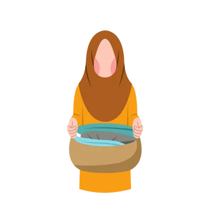 Muslim Housewife Holding Laundry Basket  Illustration