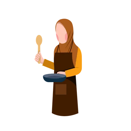 Muslim Housewife Holding Spatula And Frying Pan Illustration
