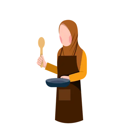 Muslim Housewife Holding Spatula And Frying Pan  Illustration