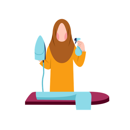 Muslim Housewife Ironing Clothes  Illustration