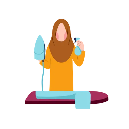 Muslim Housewife Ironing Clothes  Illustration
