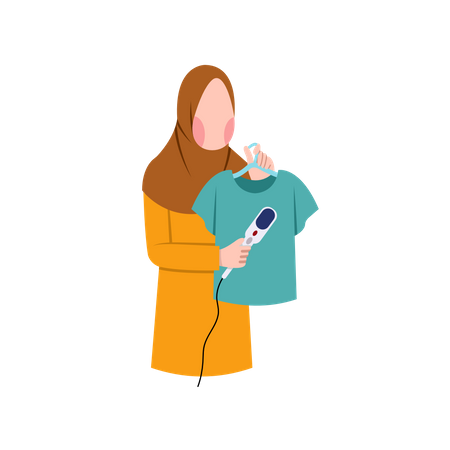 Muslim Housewife Ironing With Steam Iron  Illustration