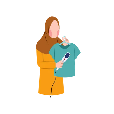 Muslim Housewife Ironing With Steam Iron  Illustration