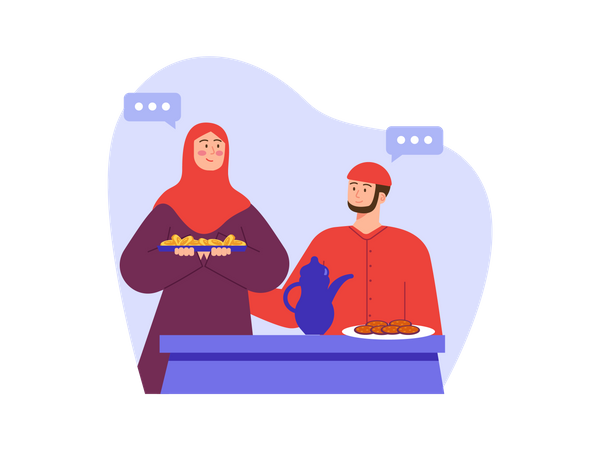 Muslim housewife serving food to husband Illustration