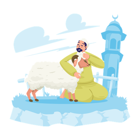 Muslim hugs  sheep  Illustration