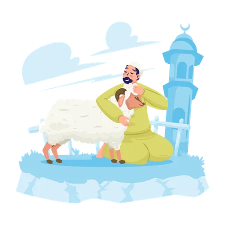Muslim hugs  sheep  Illustration
