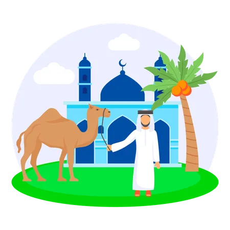 Muslime kaufen ein Kamel für das Opferfest Eid Al Adha  Illustration