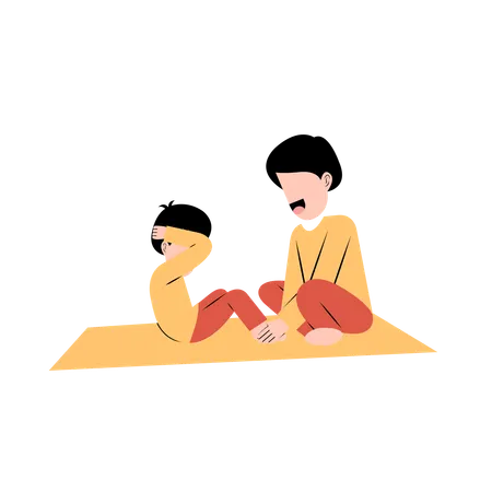 Muslim kid doing exercise with father  Illustration