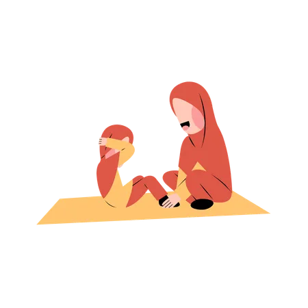 Muslim kid doing exercise with mother  Illustration