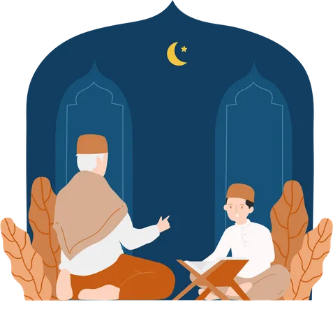 Muslim Kid Listening to Spiritual Lecturer  Illustration