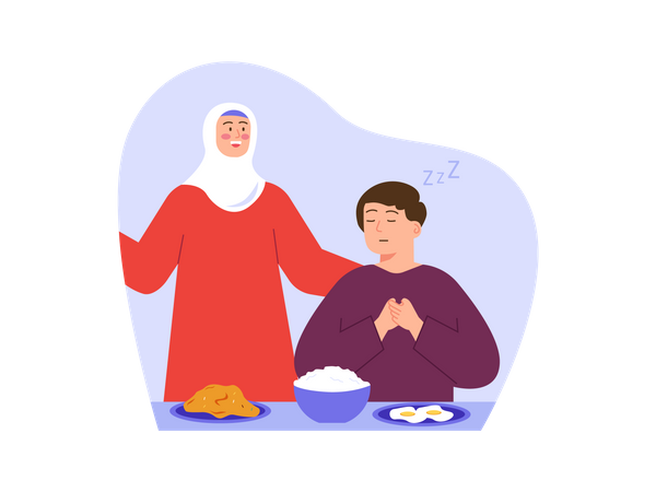 Muslim kid praying before eating  Illustration