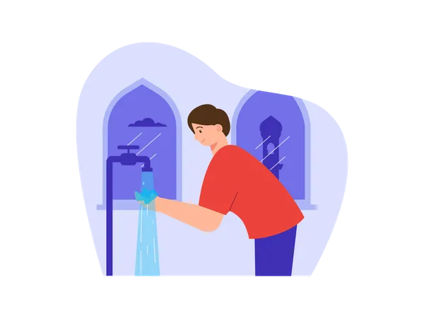 Muslim kid washing hands before entering Mosque  Illustration