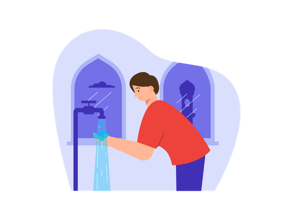 Muslim kid washing hands before entering Mosque  Illustration