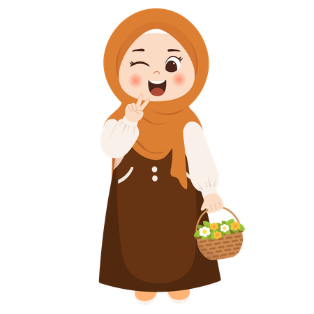 Muslim kid with flower basket  Illustration