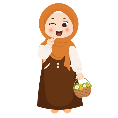 Muslim kid with flower basket  Illustration