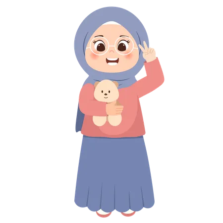 Muslim kid with teddy bear  Illustration