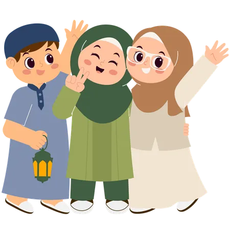 Muslim Kids Celebrating Eid Mubarak  일러스트레이션
