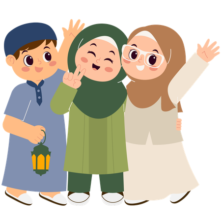 Muslim Kids Celebrating Eid Mubarak  Illustration