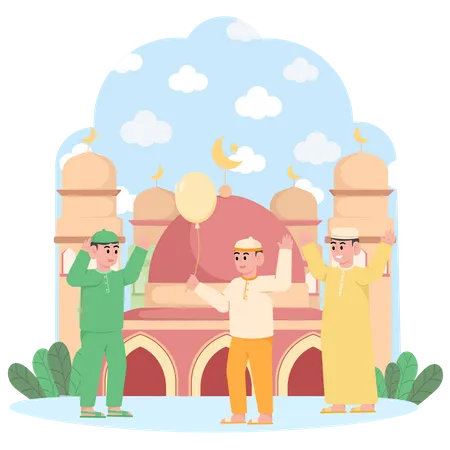 Muslim kids celebrating Eid outside Mosque  Illustration