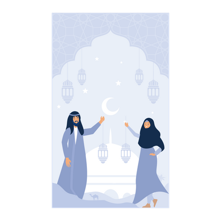 Muslim kids holding lantern  Illustration