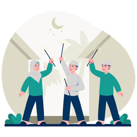 Muslim kids holding sticks  Illustration