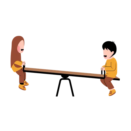 Muslim Kids Playing In Seesaw  Illustration