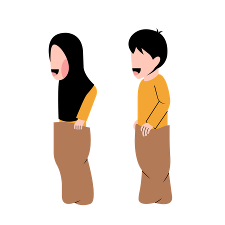 Muslim Kids Playing Sack Race  Illustration