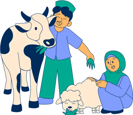 Muslim kids playing with cow and sheep  Illustration