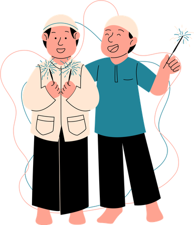 Muslim kids playing with fireworks  Illustration