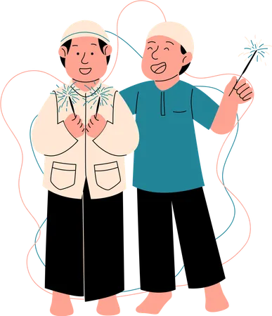 Muslim kids playing with fireworks  Illustration